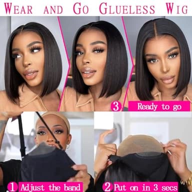 Qangelabeauty 4x6 Glueless Wigs - Human Hair 8 Inch Bob, Pre Plucked, Pre Cut, 180% Density, HD Transparent Frontal Lace Front Wigs for Women - Image 3