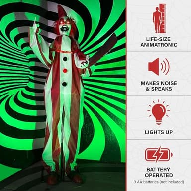 Haunted Hill Farm Lifesize Animatronic Scary Talking Clown Holding Knife with Touch Activated Lights and Sound, Battery-Operated Indoor or Covered Outdoor Halloween Decoration - Image 4