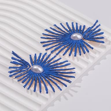 Burst Statement Earrings Raffia Pearl Earrings Gold Heart Boho Dangle Earrings Trendy Summer Jewelry for Women(Royal Blue) - Image 7