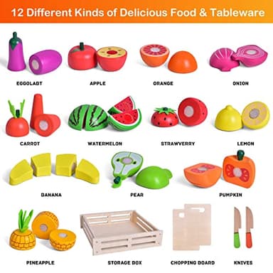 FUN LITTLE TOYS 35PCS Wooden Play Food for Kids Kitchen, Pretend Cutting Food Toys with Wooden Tray, Dishes and Knife for Kids, Pretend Play Food for Christmas Birthday Gifts - Image 3