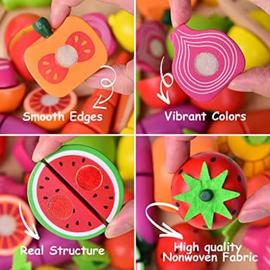 FUN LITTLE TOYS 35PCS Wooden Play Food for Kids Kitchen, Pretend Cutting Food Toys with Wooden Tray, Dishes and Knife for Kids, Pretend Play Food for Christmas Birthday Gifts - Image 5
