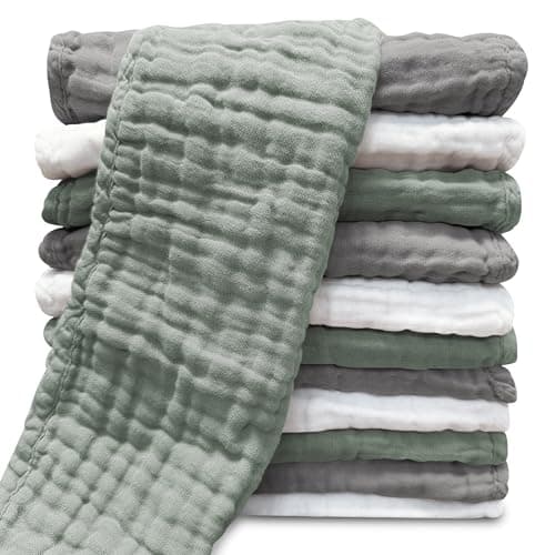 Sunny zzzZZ Muslin Burp Cloths for Baby 100% Cotton Burping Cloths for Unisex, Boy, Girl - Large 20'' by 10'' Newborn Essentials Ultra Soft Absorbent Milk Spit Up Rags - 12 Pack - White+Green+Grey - Image 1