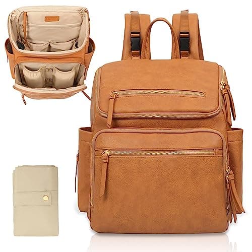 Omanmoli Diaper Bag Backpack Large Baby Diaper Bag Leather with 17 Diaper Bag Organizing Pouches,Changing Pad,Stroller Straps,4 Insulated Pockets,Honey - Image 1