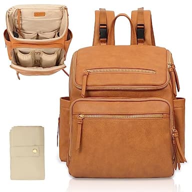 Omanmoli Diaper Bag Backpack Large Baby Diaper Bag Leather with 17 Diaper Bag Organizing Pouches,Changing Pad,Stroller Straps,4 Insulated Pockets,Honey - Image 1