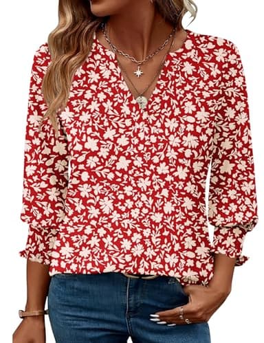 LOMON Womens Christmas Tops 3/4 Length Sleeve Womens Tops V Neck T Shirt for Womens Fashion Trendy Red Apricot Floral XXL - Image 1