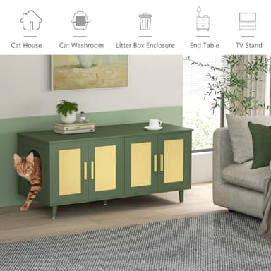 Homhedy Boho Cat Litter Box Enclosure for 2 Cats, Wooden Cat Washroom Furniture with Double Rattan Decorated Doors, Pet House,47.2”L x 19.7”W x 21.7”H, Green - Image 6