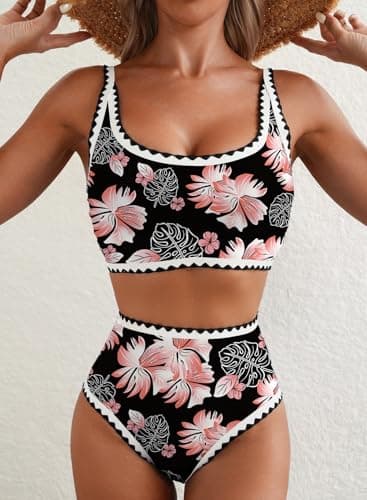 Herseas Women's Bikini Sets Floral Print Whip Stitch Two Piece Modest Swimsuits High Waisted Scoop Padded Black Bathing Suits X-Large - Image 3
