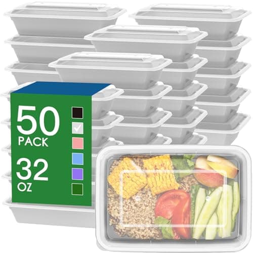 50 Pack (100-Piece) 32 oz Meal Prep Containers Reusable with Easy Open Lids, Sturdy Leakproof Food Safe, Microwave Freezer Dishwasher Safe, To Go Take Out Plastic Food Storage Pans with Lids, Silver - Image 1