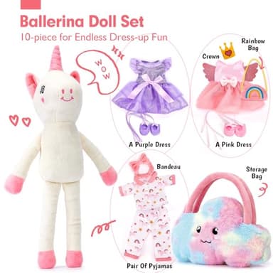Unicorns Toys for Girls Age 4-6 Ballerina Doll Stuffed Animal Girl Toys Age 4-5 Ballet Dress up Doll 3 Set Clothes with Plush Bag 4 Year Old Girl Birthday Gifts 5 Year Old Gift Girls Stocking Stuffers - Image 2