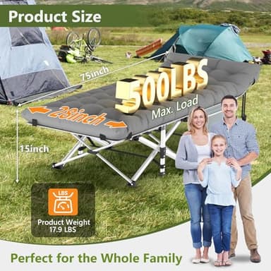 Slendor Camping Cot, Folding Camping Cots for Adults, Portable Sleeping Cot with Carry Bag, 1200D Double Layer Oxford, Camp Cot Bed for Guest Travel, Hiking, Support 500lbs, Charcoal Grey - Image 2