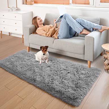 YJ.GWL Shag Runner Rug Non Slip for Bedroom Living Room Soft Small Rugs for Dorm, 2x6 Feet Grey Plush Carpet Runner for Nursery Dorm, Fuzzy Bedside Rug for Kids Boys Girls Room Home Decor - Image 2