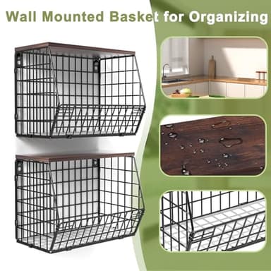 Wawocs 2 Tier Fruit Bowl Fruit Basket for Kitchen Counter Stackable Wall Mounted Hanging Basket Wire Baskets with Wood Lid with 4 Banana Hanger Hooks, Onion Basket, Fruit and Vegetable Storage - Image 7