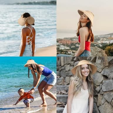 NPQQUAN Sun Visor Hats for Women Wide Brim Ponytail Straw Beach Hat Packable Foldable UPF 50+ Floppy Travel Hats Khaki - Image 7