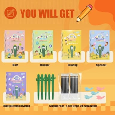 Upgraded Large Size Magic Practice Copybook for Kids, Reusable Grooved Handwriting Practice Book for Preschool Kids Age 3-8 Calligraphy with Catus Pens & Storage Bag (5PCS 7.3 * 10.3 inch) - Image 6