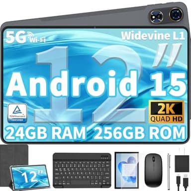 12 Inch Tablet Android 15 Tablets, 2025 Upgraded Android Tablet with Keyboard, 24GB RAM+256GB ROM(1TB Expand), Octa-Core, 2K 2000x1200 Display, 16MP Dual Camera, 8000mAh, 2.4G/5G WiFi, GPS (Silver） - Image 1