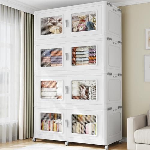 BROVIEW 300Gal Extra Large Storage Bins with Lid, 1200Qt Plastic Stackable Storage Bins with Wheels, Collapsible Closet Organizer and Storage Drawers, Storage Cabinets for Home, Office, 4 Pack, White - Image 1
