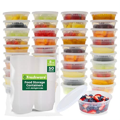 Freshware Food Storage Containers [50 Set] 8 oz Plastic Deli Containers with Lids, Slime, Soup, Meal Prep Containers, BPA Free, Stackable, Leakproof, Microwave, Dishwasher and Freezer Safe - Image 1