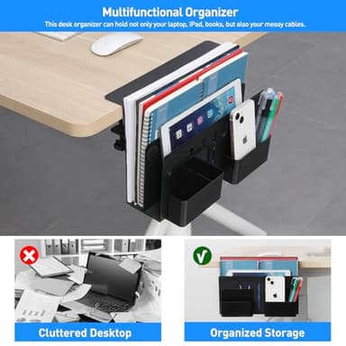 MAXECHO Desk Side Storage, Under Desk Laptop Mount, Table Side Hanging File Organizer, No Drill Clamp On Cable Management Tray, Laptop Holder with Magnetic Pen Holder for Office and Home, Load 22 Lbs - Image 3