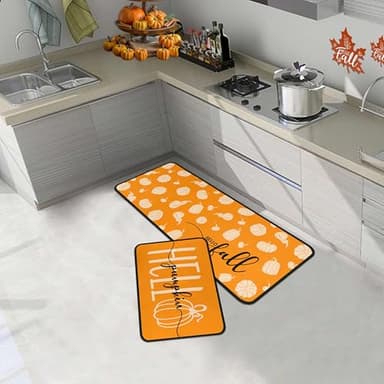 Orange Hello Pumpkin Fall Kitchen Rugs Set of 2, Autumn Harvest Pumpkin Thanksgiving Front Door Mat Floor Rug for Home Holiday Party Decor 17"x47"+17"x30" - Image 8