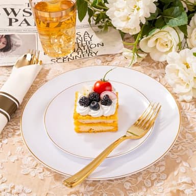 KIRE 350 PCS White and Gold Plates Disposable - Elegant Dinnerware Set of 50 Guest, White Plastic Plates With Gold Rim, Pre Rolled Napkins with Silverware & Cups for Thanksgiving Party/Wedding - Image 2