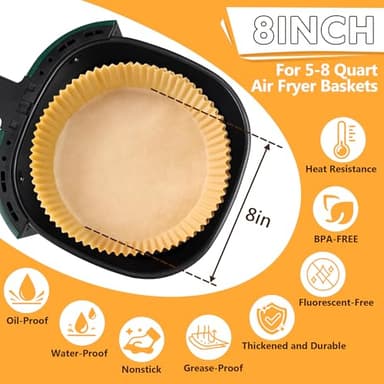 Air Fryer Liners Disposable, 100PCS 8 Inch Non-stick Air Fryer Parchment Paper Liners, Round Free of Bleach Airfryer Liners for 5-8QT Air fryer, Baking, Roasting Microwave - Image 2