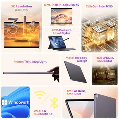 CHUWI Hi10 Max 2 in 1 Windows Tablet 12.96", Intel N150(3.6GHz), 512GB SSD 12GB LPDDR5, Windows 11 Tablet PC with Backlit Keyboard, 3K FHD IPS Touchscreen,WiFi 6, BT 5.2,Dual Camera,HDMI,USB3.2 - Image 6