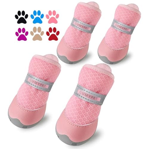 QUMY 4PCS Dog Shoes for Small Dogs, Hot Pavement Summer Puppy Dog Boots & Paw Protectors with Soft Anti-Slip Rubber Sole, Mesh Breathable Dog Booties for Hardfloors, Walking Running Pink Size 1 - Image 1
