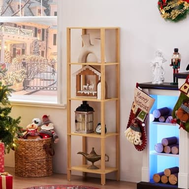 YUFAM 54in Tall Bookshelf 5-Tier Small Narrow Bookcase, Skinny Book Shelf for Small Space, Farmhouse Slim Shelf with Storage, Wood Freestanding Display Thin Bookshelves for Living Room, Natural - Image 3