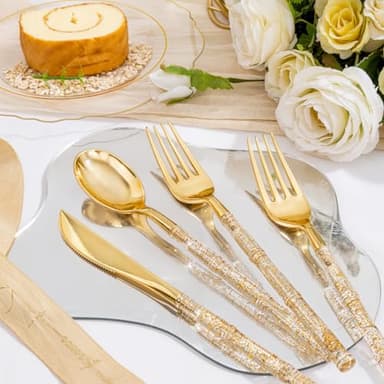 Liacere 150PCS Clear Gold Plastic Plates - Disposable Plastic Silverware with Glitter Bamboo Handle Cutlery-Baroque Clear Gold Disposable Plates for Wedding & Party & Thanksgiving &Fall Decor - Image 5