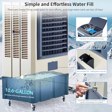 Uthfy 41" Swamp Cooler, 4800 CFM Evaporative Air Cooler with 10.6 Gallon Water Tank, Portable Outdoor Air Conditioner with 3 Ice Pack, 110° Oscillation, 3 Speed for Garage, Yard, Commercial Use - Image 5