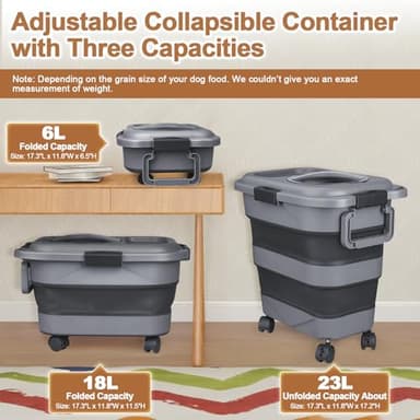 Dog Food Storage Container，10-25 lbs Airtight Collapsible Cat Food Storage Container with Attachable Wheels, Portable Handle, Dog Food Scoop for Dog Cat Bird Pet Dry Food Storage Bin Dark Grey - Image 2
