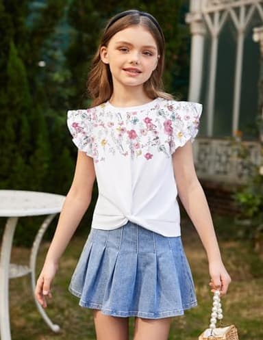 Arshiner Floral Tops for Girls Ruffle Short Sleeve Girls Ruffle Shirt Loose Round Neck Kids Plain T Shirts Flowers - Image 3