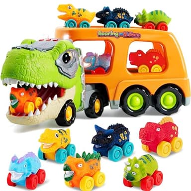 JOYIN Dinosaur Toys for Kids 2-4, Toddler Boy Toys, Dinosaur Carrier Truck with 6 Rubber Car Vehicles, Christmas Birthday Gifts with Music & Lights for 2 3 4 5 Year Old - Image 1