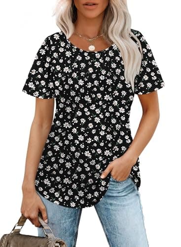 Womens Summer Tops Short Sleeve Shirts Floral Pleated Front Dressy Casual Blouses Fashion Outfits Black L - Image 2