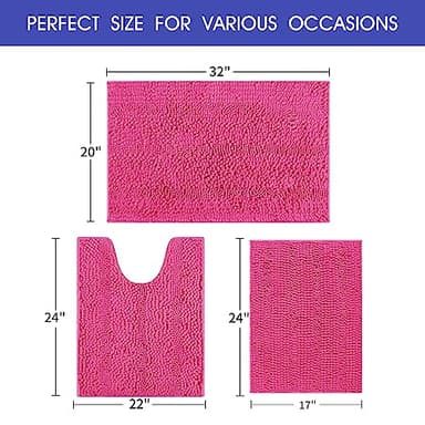 ACCUMTEK Striped Hot Pink Bathroom Rug Set 3 Pieces Ultra Soft, Non Slip Chenille Toilet Mat, Absorbent Plush Shaggy Bath Mats for Bathroom, Bedroom, Kitchen, Peach - Image 2