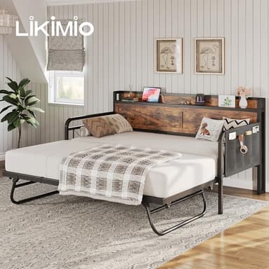 LIKIMIO Twin Daybed with Trundle Bed, Storage Headboard with Charging Station, Sofa Day Bed with Strong Supports for Living Room, Bedroom, and Guest Room, Industrial Brown - Image 9