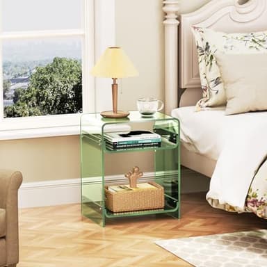 Acrylic End Table Record Player Table with Storage Shelf Clear Side Table Nightstand (15.7x19.7x11.8) (Green) - Image 5