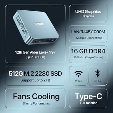 PELADN Mini PC, N97(up to 3.4GHz),16GB DDR4/512GB SSD,Type-C/Dual HDMI,Mini Desktop Computer,4K/60Hz Triple-Display USB3.2/BT4.2/WiFi5 Mini Computers for Home Business - Image 2