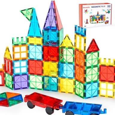 Gemmicc 100 PCS Magnetic Tiles with 2 Cars, STEM Approved Educational Magnet BuildingToys, Magnet Puzzles Stacking Blocks for Boys Girls - Image 2