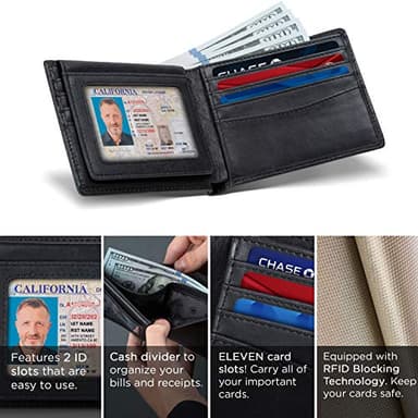 SERMAN BRANDS 2 ID Window Wallet for Men RFID Blocking Leather, Bifold Top Flip, Extra Capacity Travel Wallet (Charcoal Black Executive) - Image 4