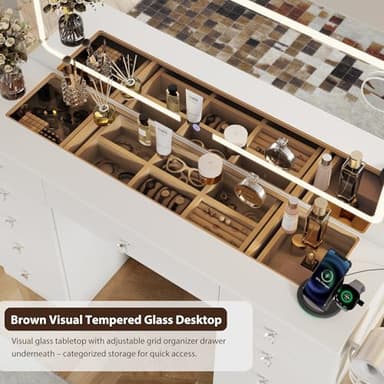 Otterease White Makeup Vanity, 11 Drawers Vanity Mirror with Lights, Makeup Vanity Desk with 3 Lighting Modes Adjustable Brightness, Vanity with Glass Top for Bedroom - Image 4