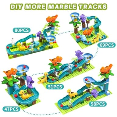 Marble Runs Dinosaur Adventure with Gravity Hammer and Building Tracks, 80 Pieces Compatible Construction Toys Interactive Ball Tracks Maze Game for Kids Ages 3 4 5 6 7 8 Years (Dinosaur Marble Run) - Image 4
