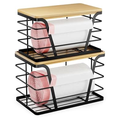 TIDIIABODE 2 Pack Stackable Storage Laundry Kitchen Organizers, Wall Mount Trash Bag Holder with Bamboo Top and Garbage Bag Dispenser No Drill - Image 1