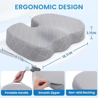 TushGuard Office/Car Seat Cushion, Non-Slip Sciatica & Back Coccyx Tailbone Pain Relief Chair Pad, Memory Foam Butt Pillow for Computer Desk, Wheelchair, Driving (Light Grey) - Image 2
