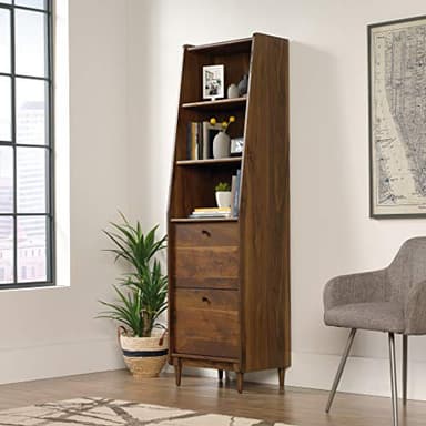Sauder Harvey Park Tall Bookcase with Drawers, Mid-Century Modern Design, Narrow Bookcase - Grand Walnut Finish - Image 2