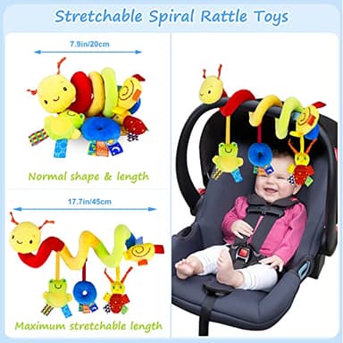 FPVERA Spiral Car Seat & Stroller Activity Toy - Baby Sensory Toys Soft Hanging Toys for Babies 0-12 Months Boys Girls Carseat Crib Stroller, with Ringing Bell, Music - Image 6