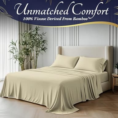 DECOLURE 100% Viscose Derived from Bamboo Sheets Queen Size 4pcs - Ultra Soft & Luxuriously Cooling, 17" Deep Pocket, Double Stitching, Perfect for Hot Sleepers - Queen Bed Sheets (Creme) - Image 2