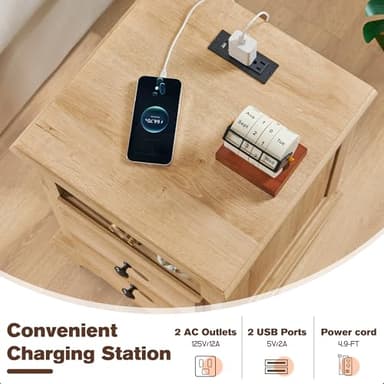 T4TREAM Nightstand with Charging Station, 18 Inch Vintage End Table with 2 Drawers, Wood Rustic Sofa Side Table with Open Storage Shelf for Bedroom, Living Room, Natural Oak - Image 3