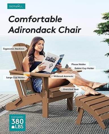 SERWALL Adirondack Chair with Cup Holders - Composite Adirondack Chairs Set of 4 HDPE Outdoor Chairs All Weather Use- Brown - Image 2