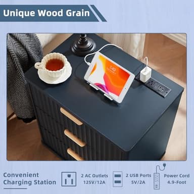 LEYAOYAO 23" Wide Fluted Night Stand with Charging Station, 3 Drawers Large End Table with Storage, Navy Blue Nightstand Wood Bedside Tables, Farmhouse Cabinet Dresser for Bedroom,Closet - Image 8